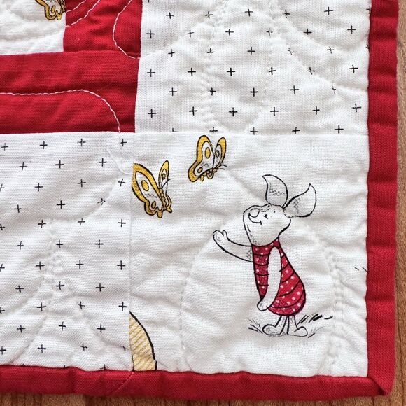 Handmade Winnie the Pooh Baby Quilt 45”x36” Yellow Gray Red Patchwork Blanket - Picture 5 of 11